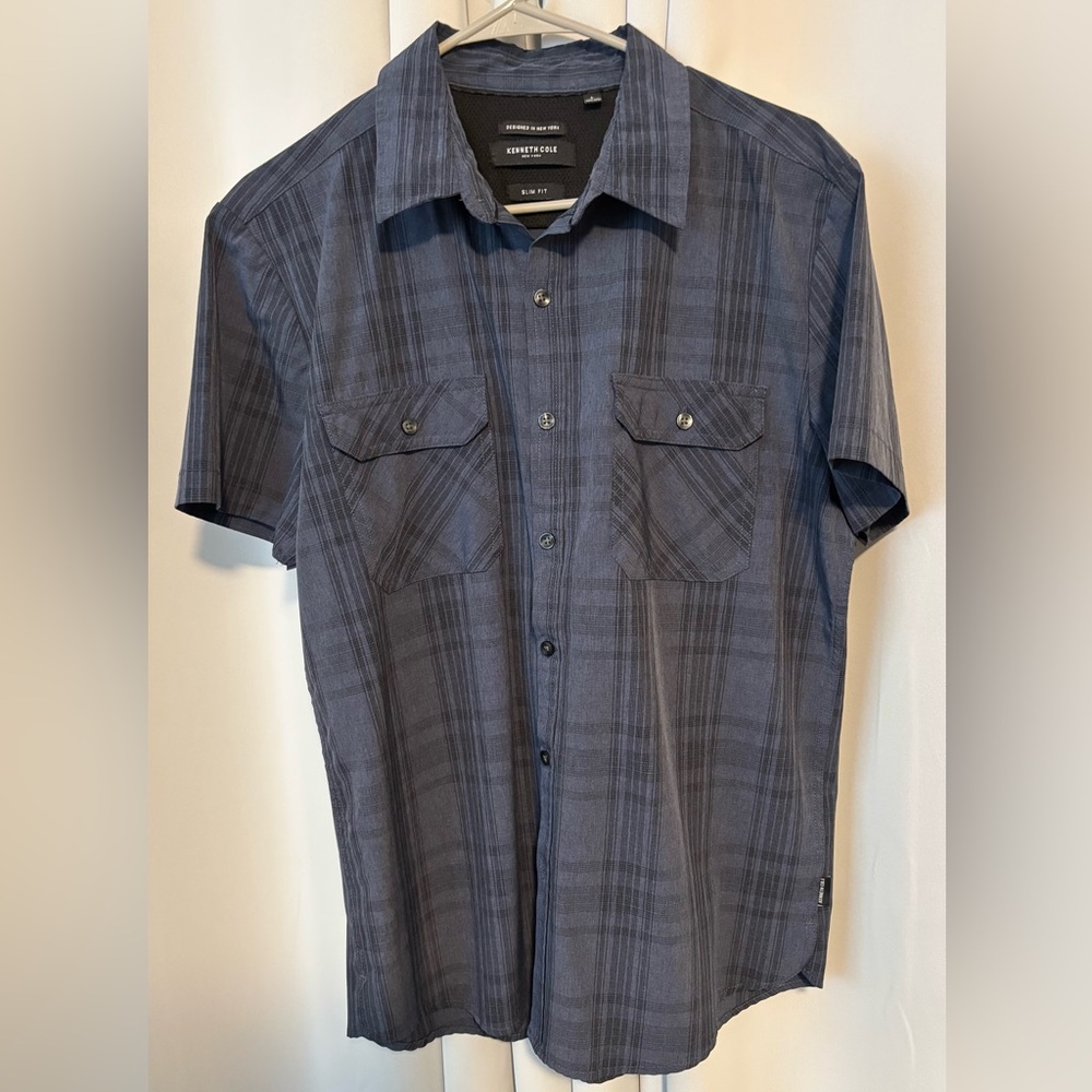 Kenneth Cole Short Sleeve Button Down Shirt Blue Plaid Size Large Slim Fit Light